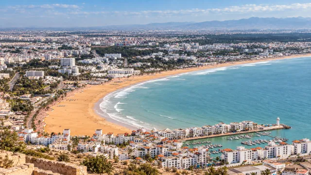 Agadir Bay, beach, and marina viewed from Agadir Oufella