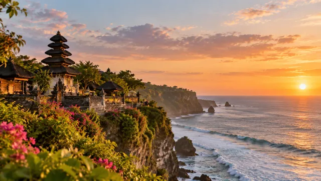 Cliffside Balinese temple above the ocean at sunset