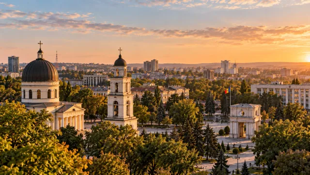 Chișinău Cathedral and bell tower above the city at sunset