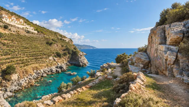 Rocky coastal cove and footpath near Gazipaşa on Turkey’s Mediterranean coast