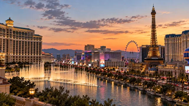 Bellagio fountains and the Las Vegas Strip at sunset