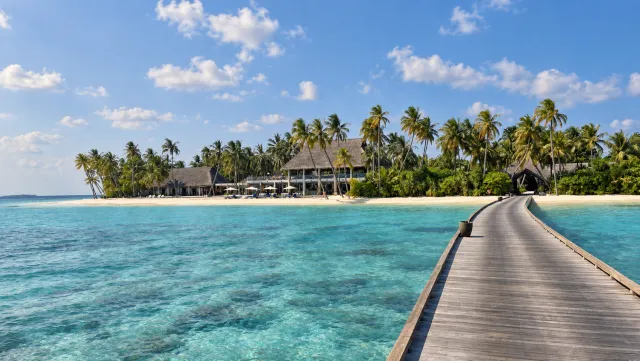 The arrival jetty and island shore at Velaa Private Island in Noonu Atoll, Maldives