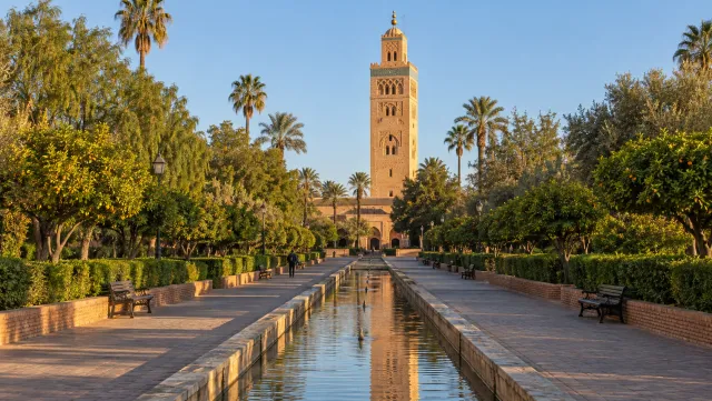 The Koutoubia minaret beyond its garden water channel in Marrakesh