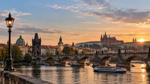 Charles Bridge and Prague Castle at sunset