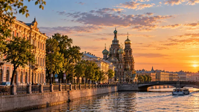 Church of the Savior on Spilled Blood beside the canal at sunset