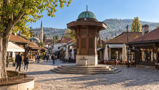 Sebilj fountain in Sarajevo’s Baščaršija square in morning light
