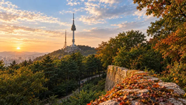 N Seoul Tower above the Seoul City Wall on Namsan in autumn light