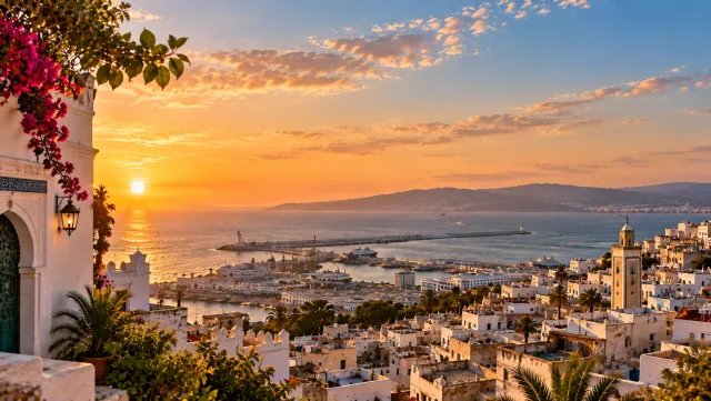 Tangier medina rooftops overlooking the harbor at sunset