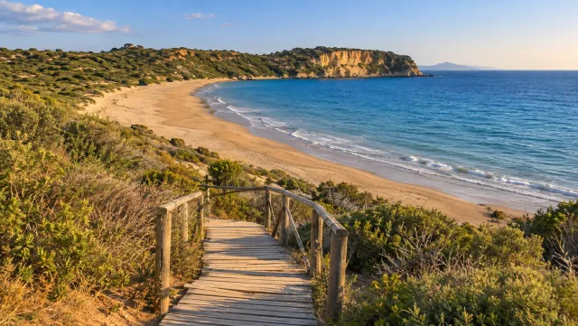 Gerakas Beach and its limestone headland on Zakynthos in warm afternoon light